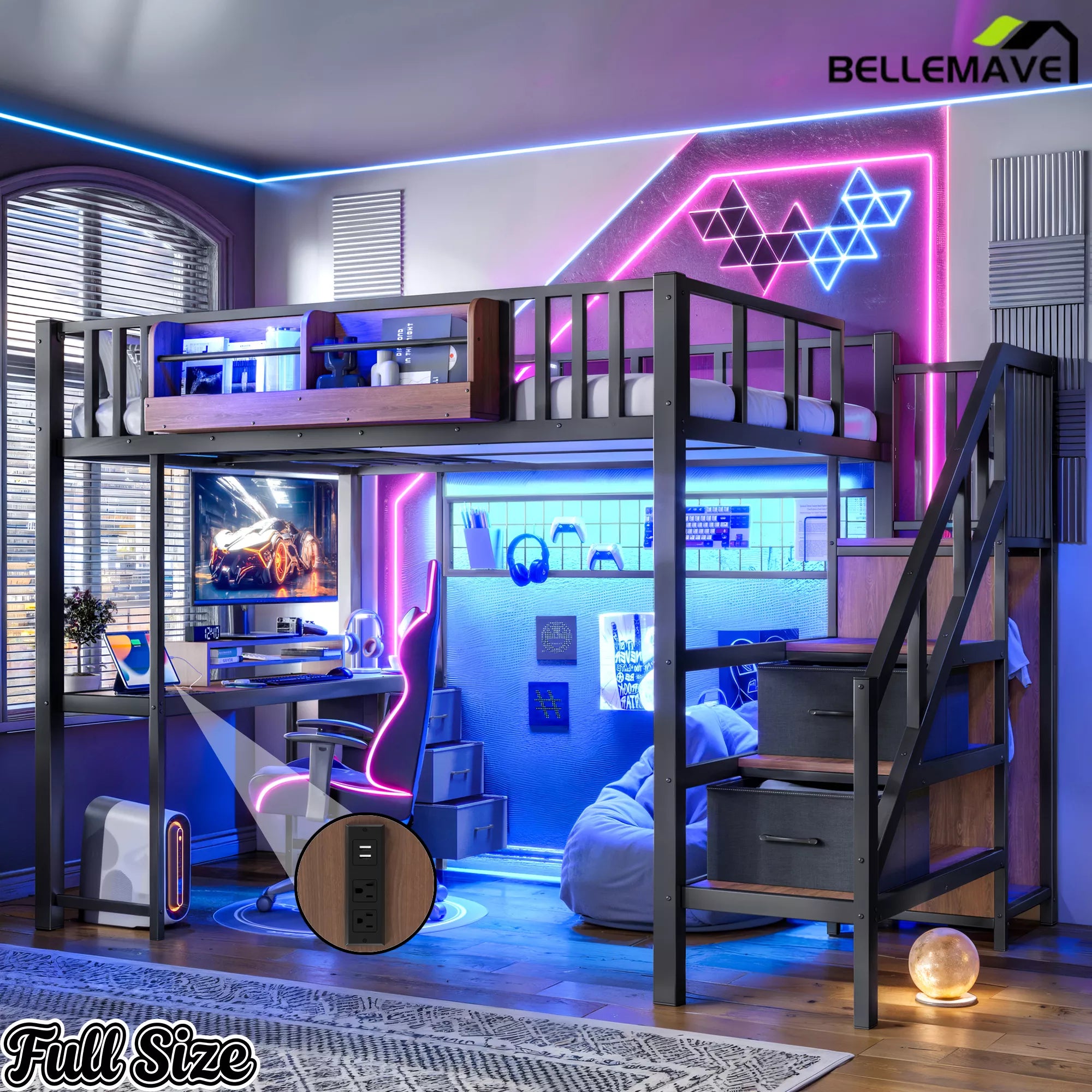 Black Full Size Loft Bed with Storage Stair Side View