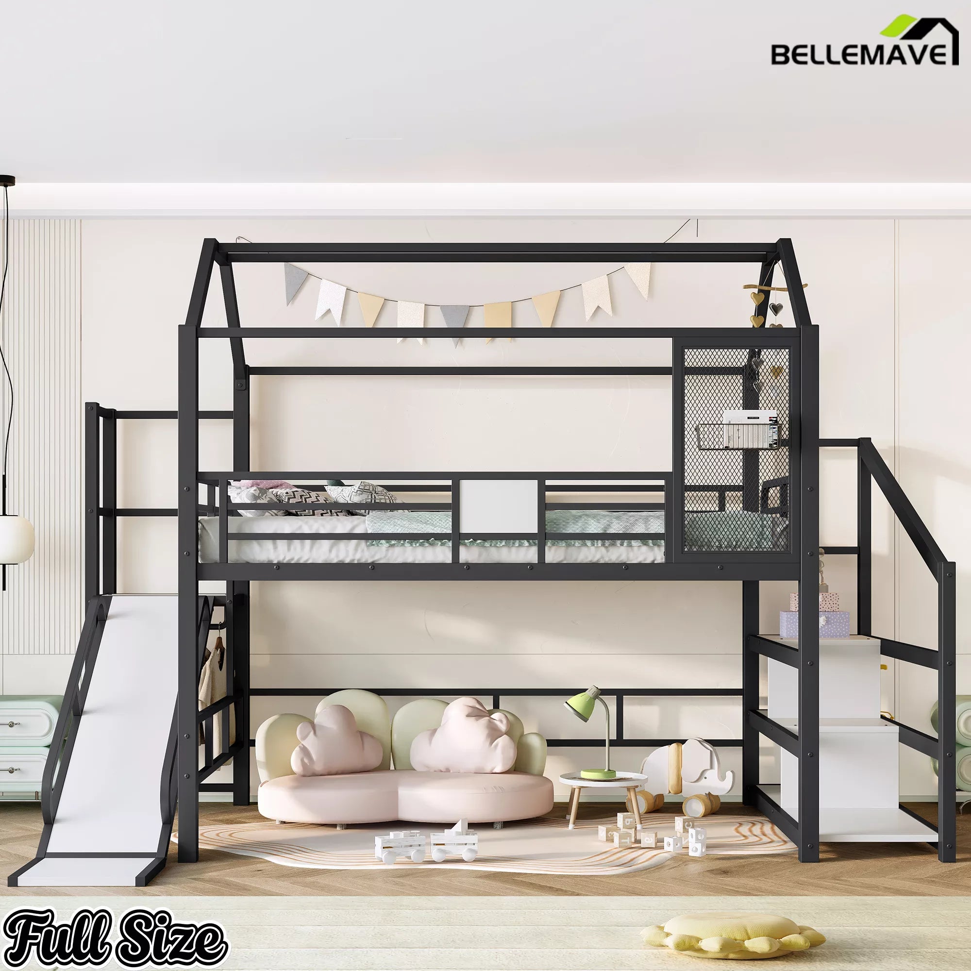Black full loft bed with slide stairs and house shaped frame