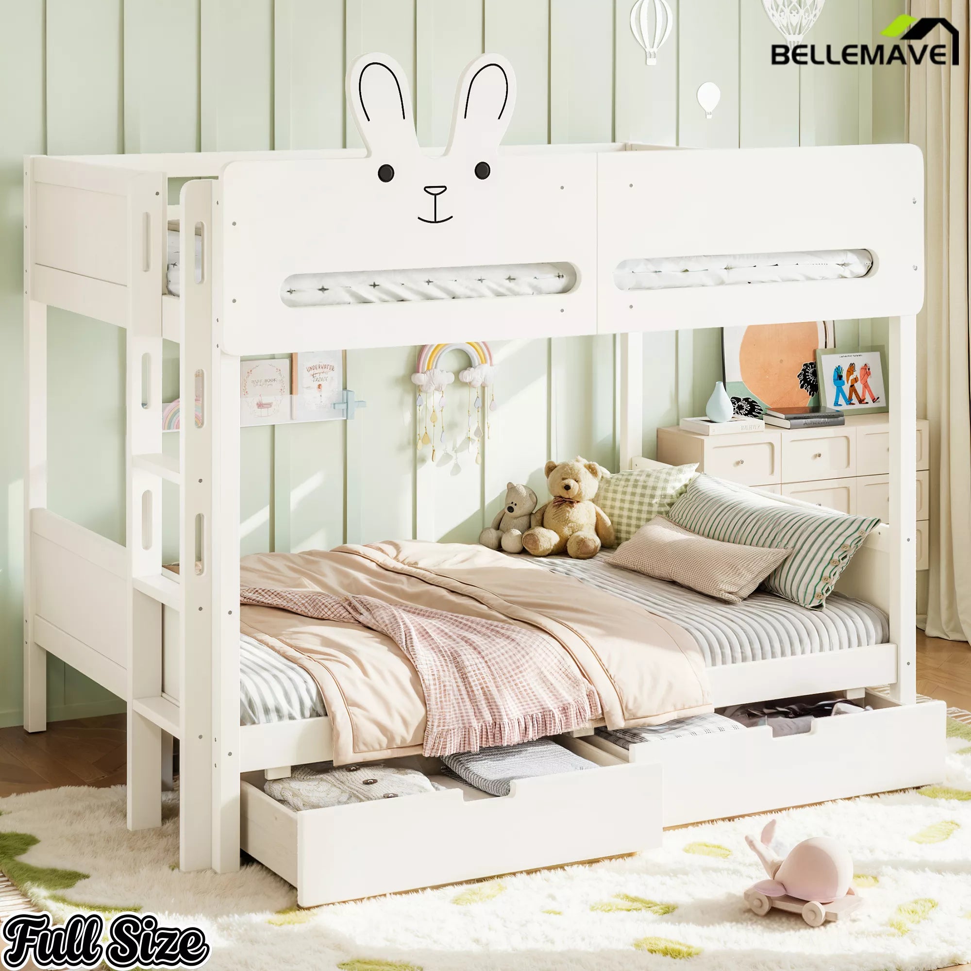 Full-size white rabbit headboard bunk bed in a children's bedroom