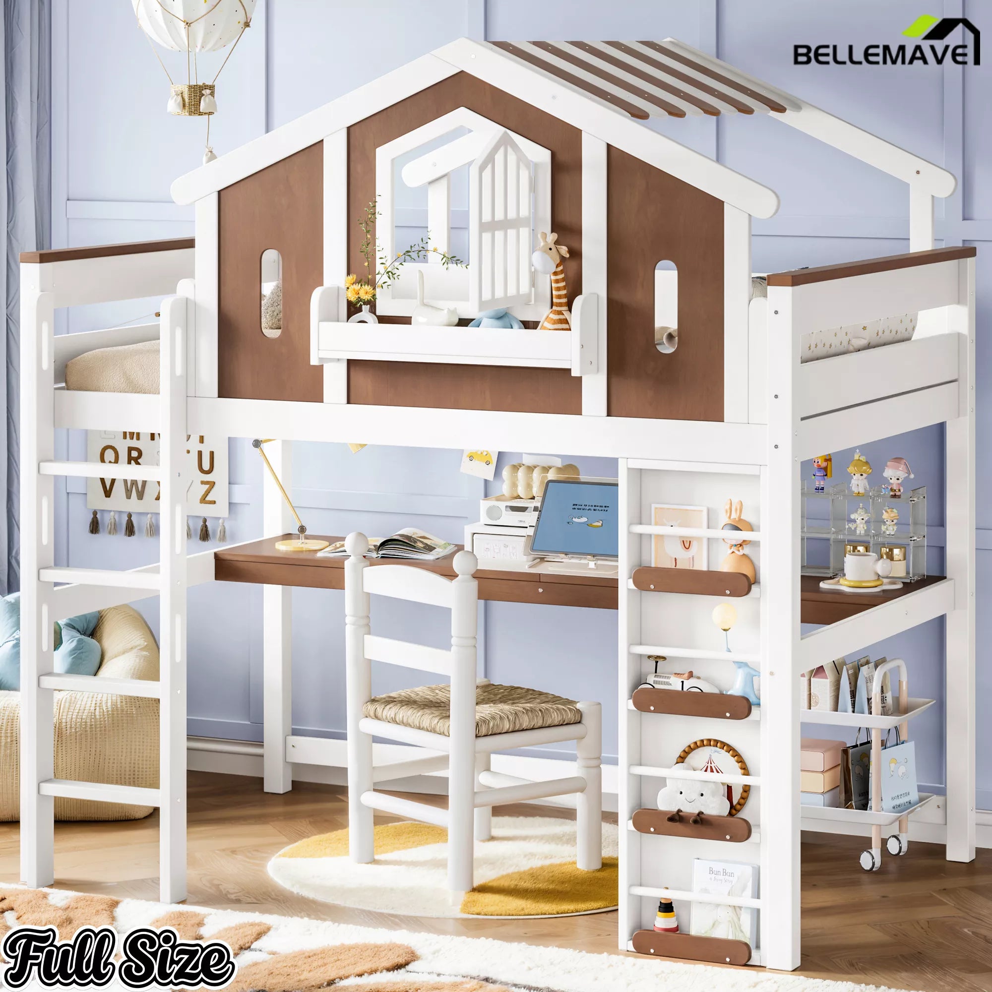 Full Size house loft bed with elevated sleeping area, desk, staircase, and storage shelves