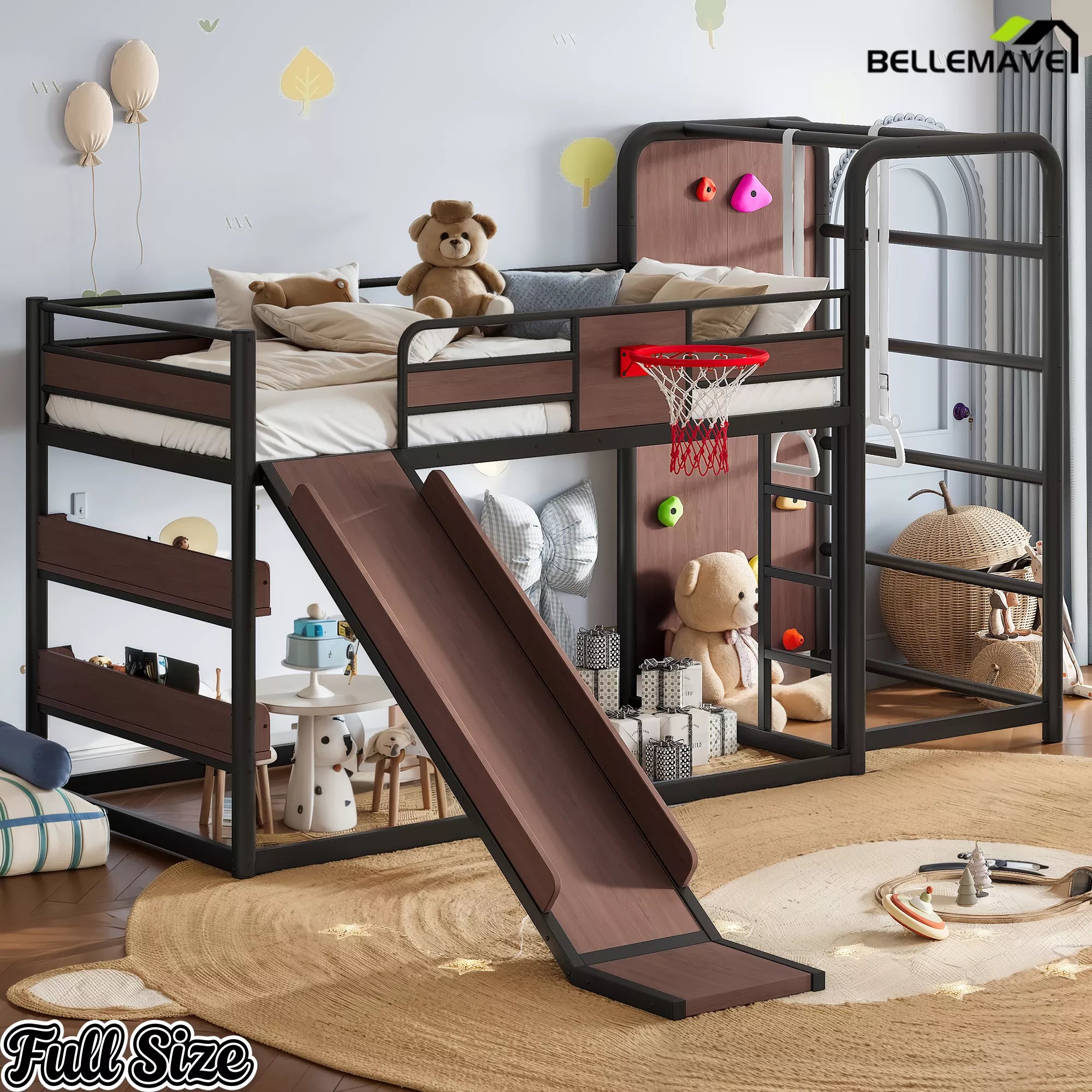 Full metal loft bed frame with slide and climbing wall for children's room