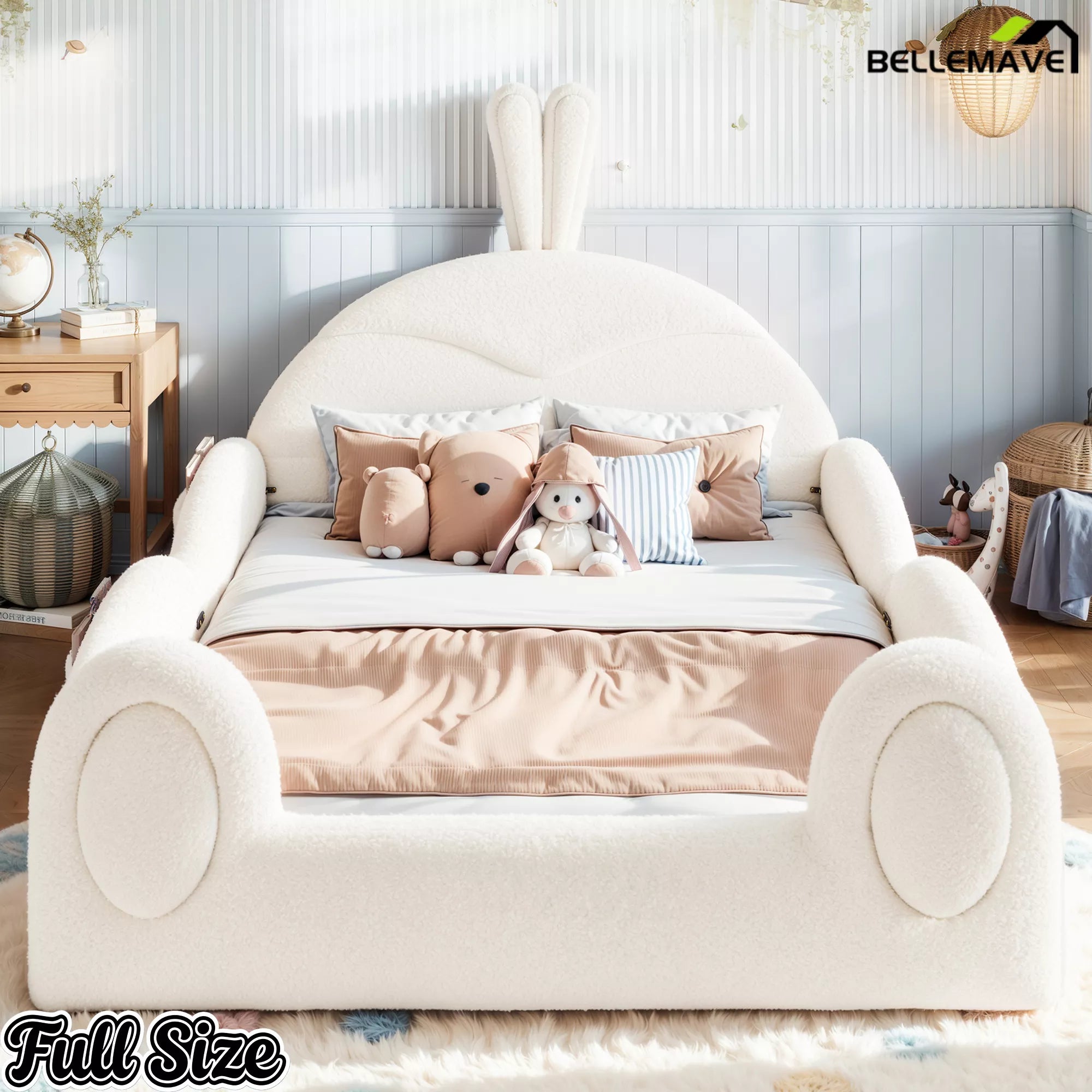Full size upholstered kids platform bed bedroom scene
