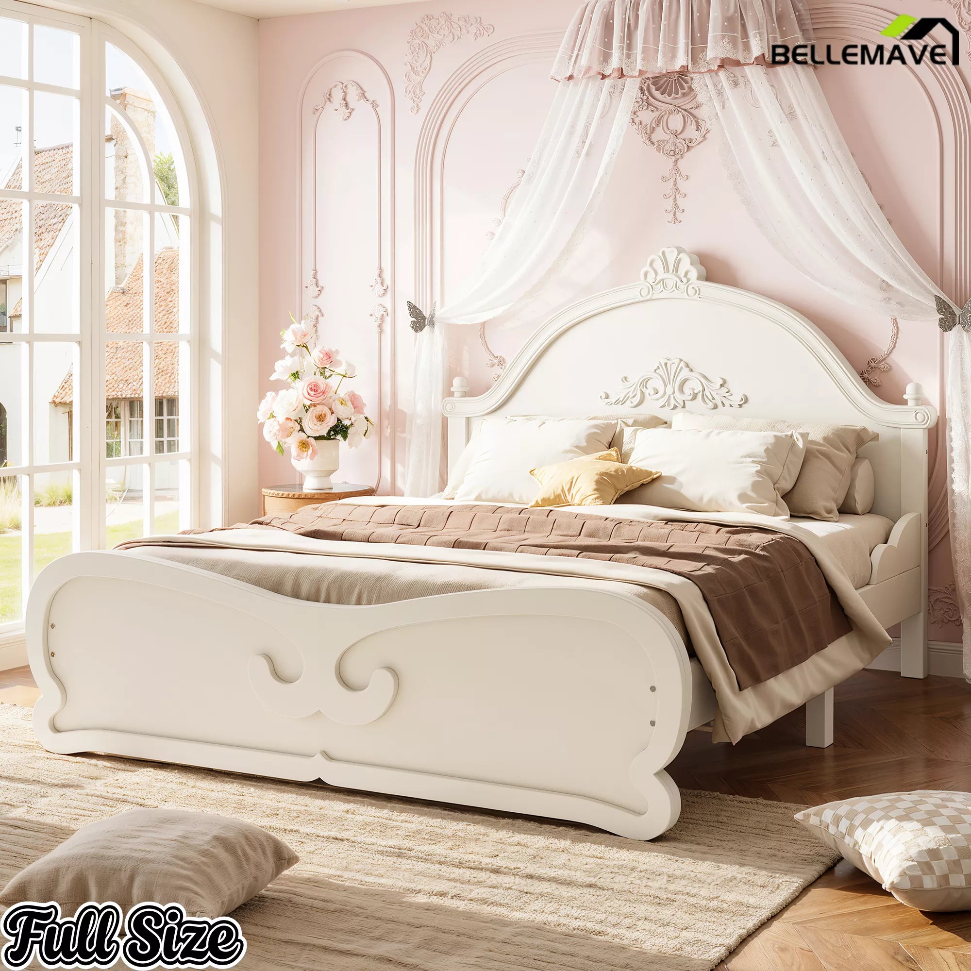 Full Size Low Profile Platform Bed with Carved Design