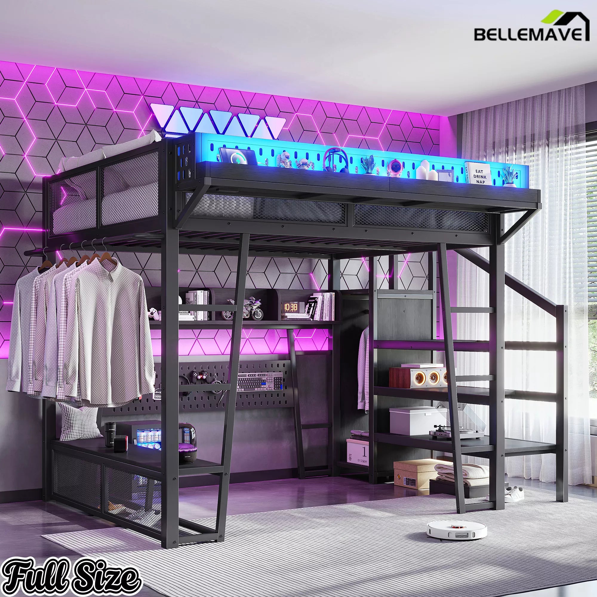 Full gaming loft bed with pegboard bench and wardrobe