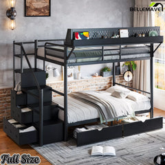 Full size black metal bunk bed shown at an angle with integrated staircase storage and LED light