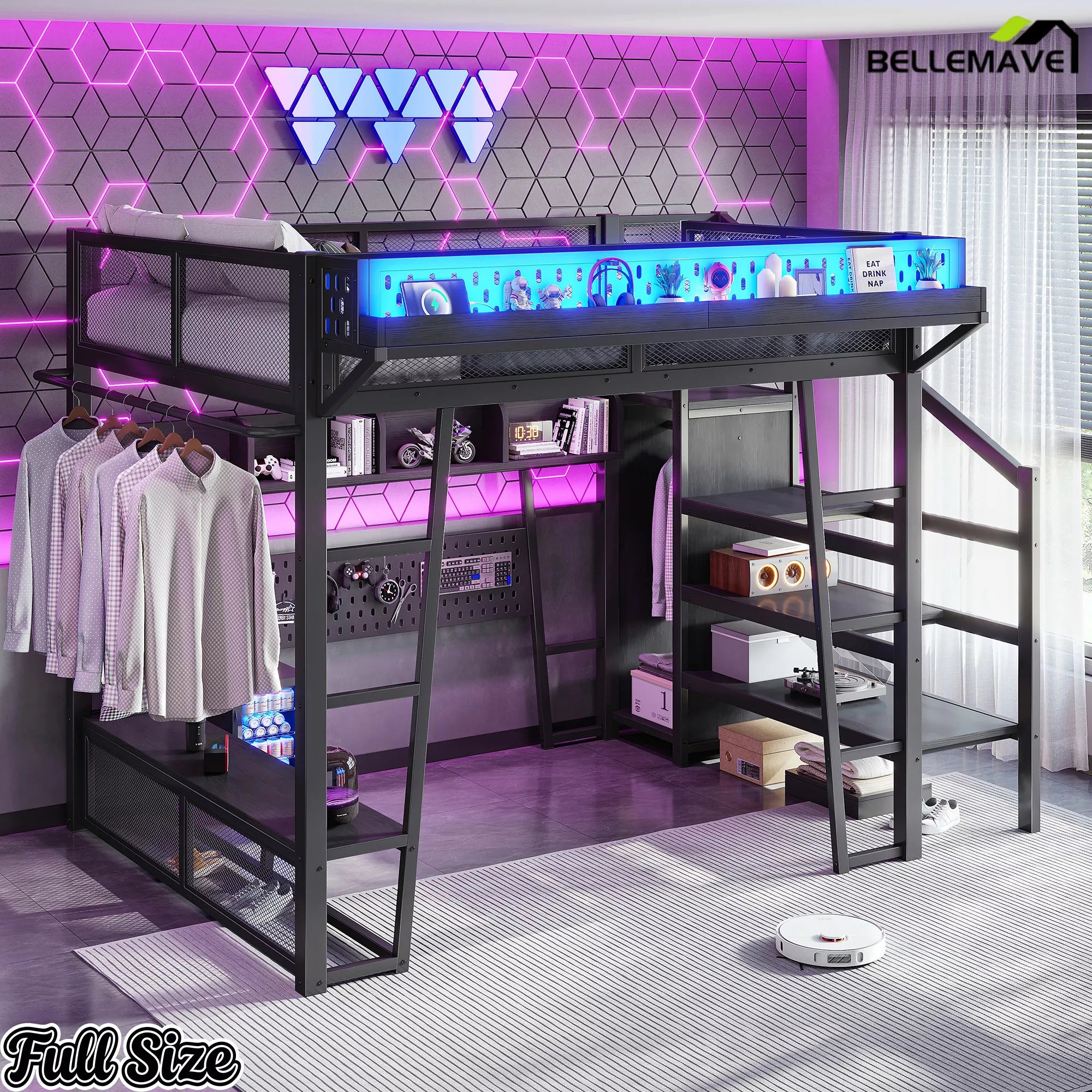 Full size loft bed with LED lights and storage shelves