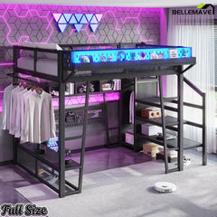 Full size loft bed with LED lights and storage shelves