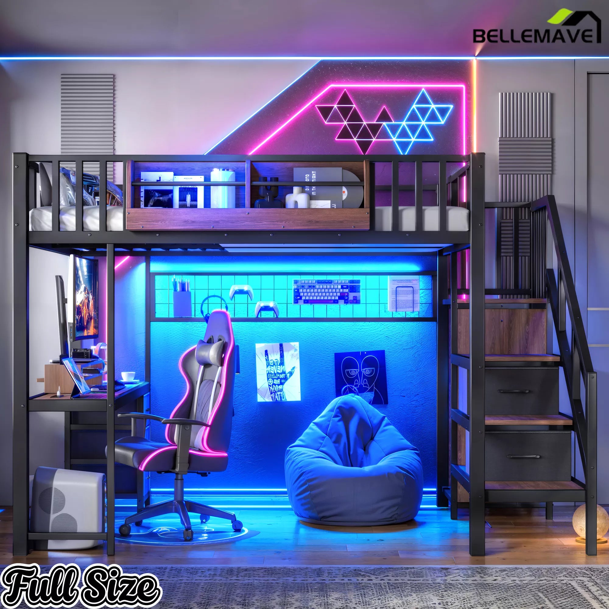 White Full Size Loft Bed with Desk and Storage Stair