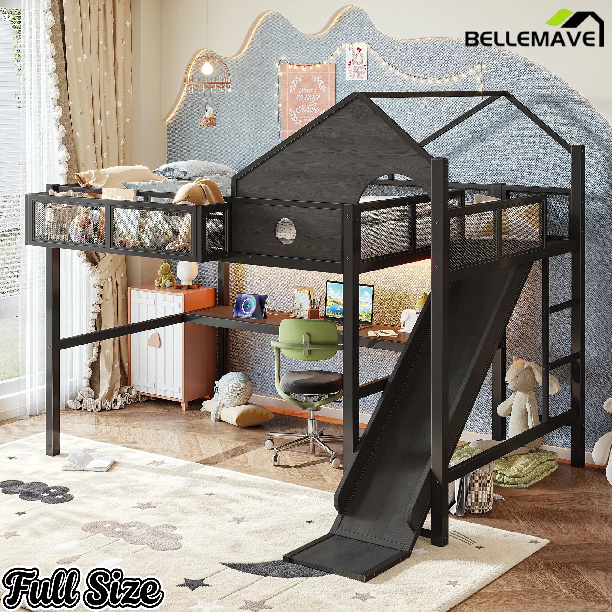 Full loft bed with desk storage and slide