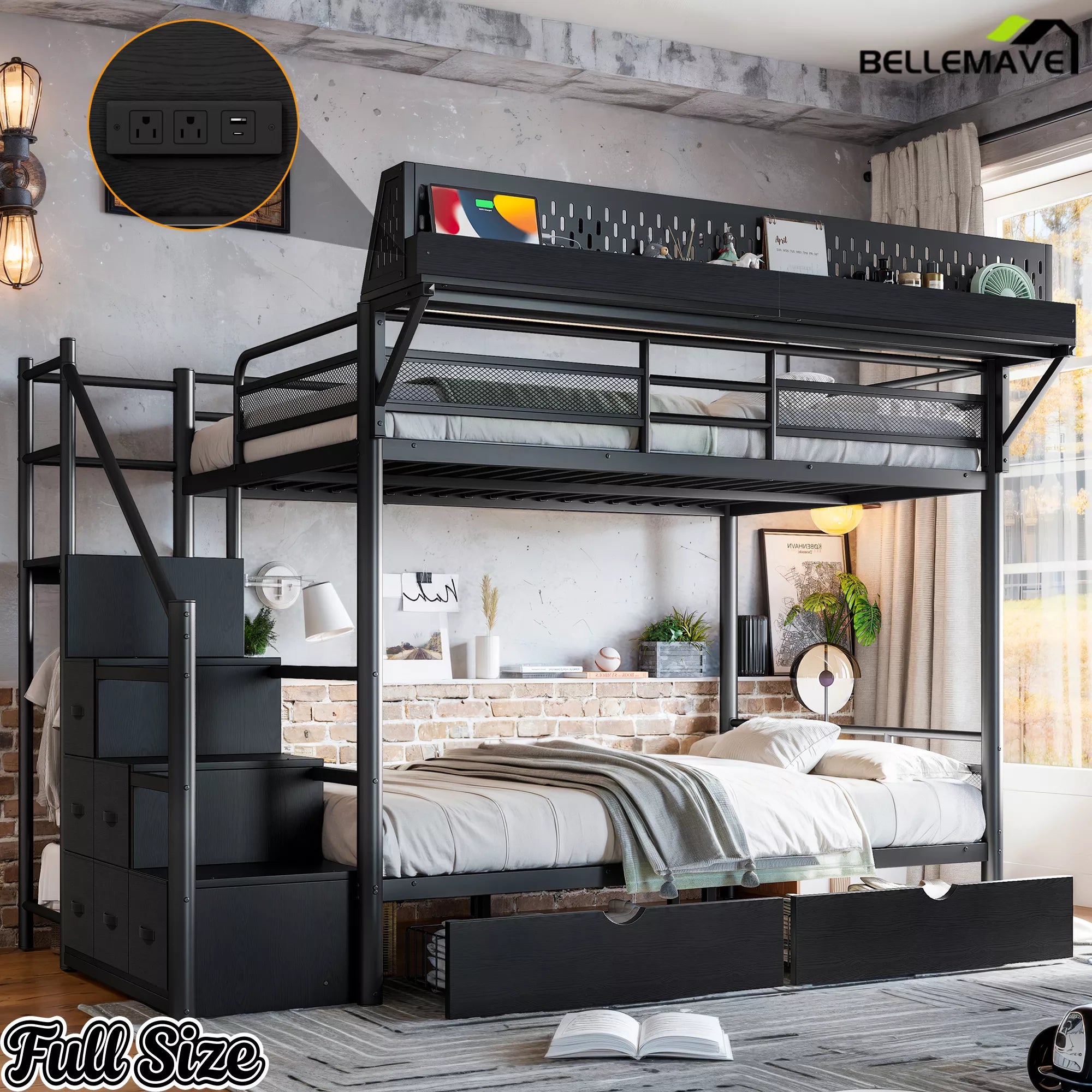 Full size black metal bunk bed with upper guardrails, storage rack and lower sleeping area