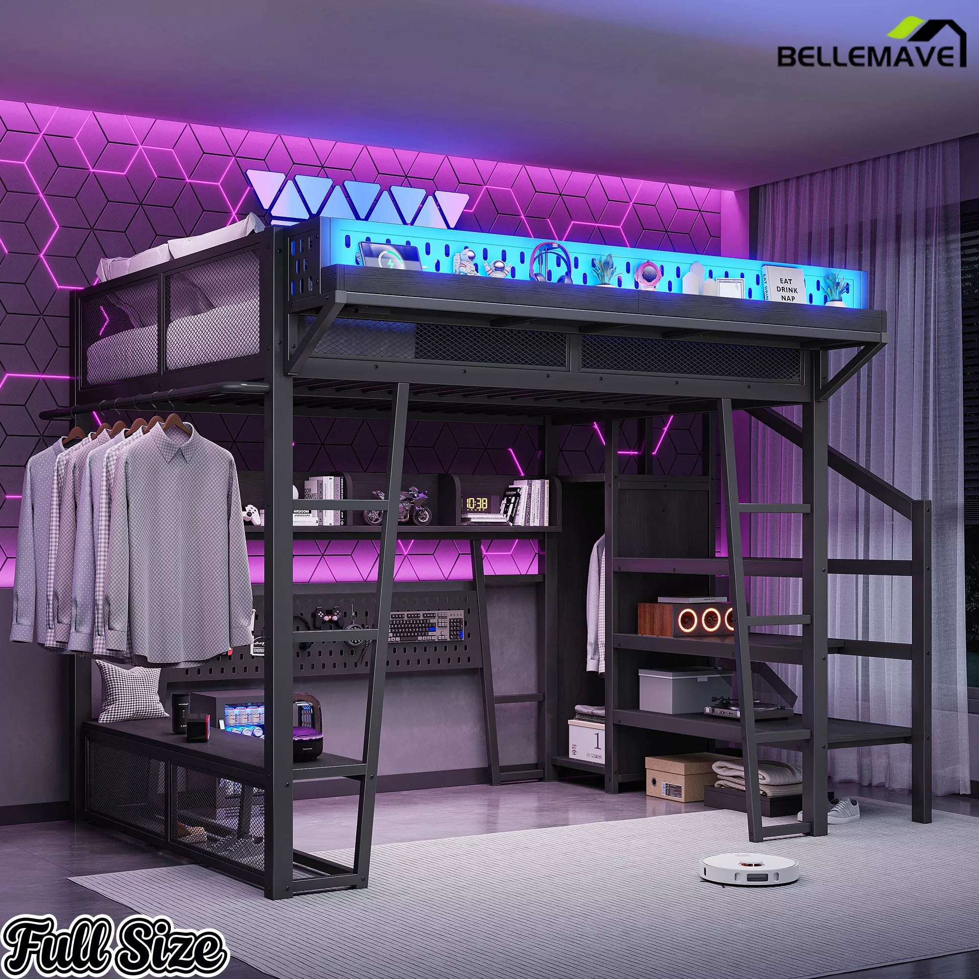 Full gaming loft bed frame with wardrobe and bench