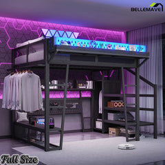 Full gaming loft bed frame with wardrobe and bench