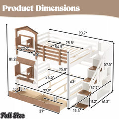 Full size house bunk bed dimensions with storage staircase and drawers