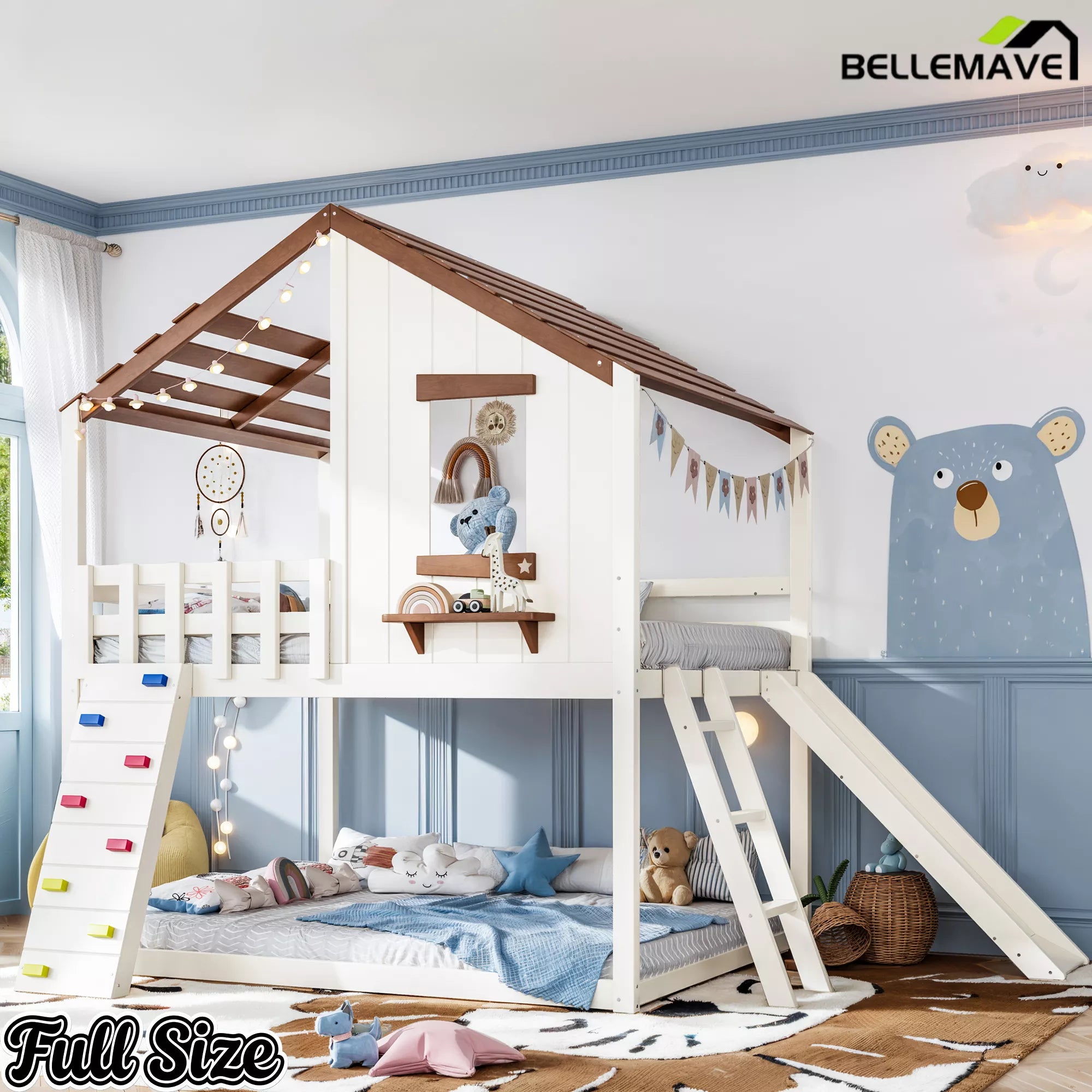 Full size playhouse loft bed with slide and ladder