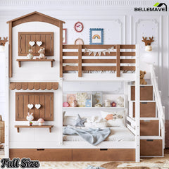 Full size wooden playhouse bunk bed with heart-shaped windows