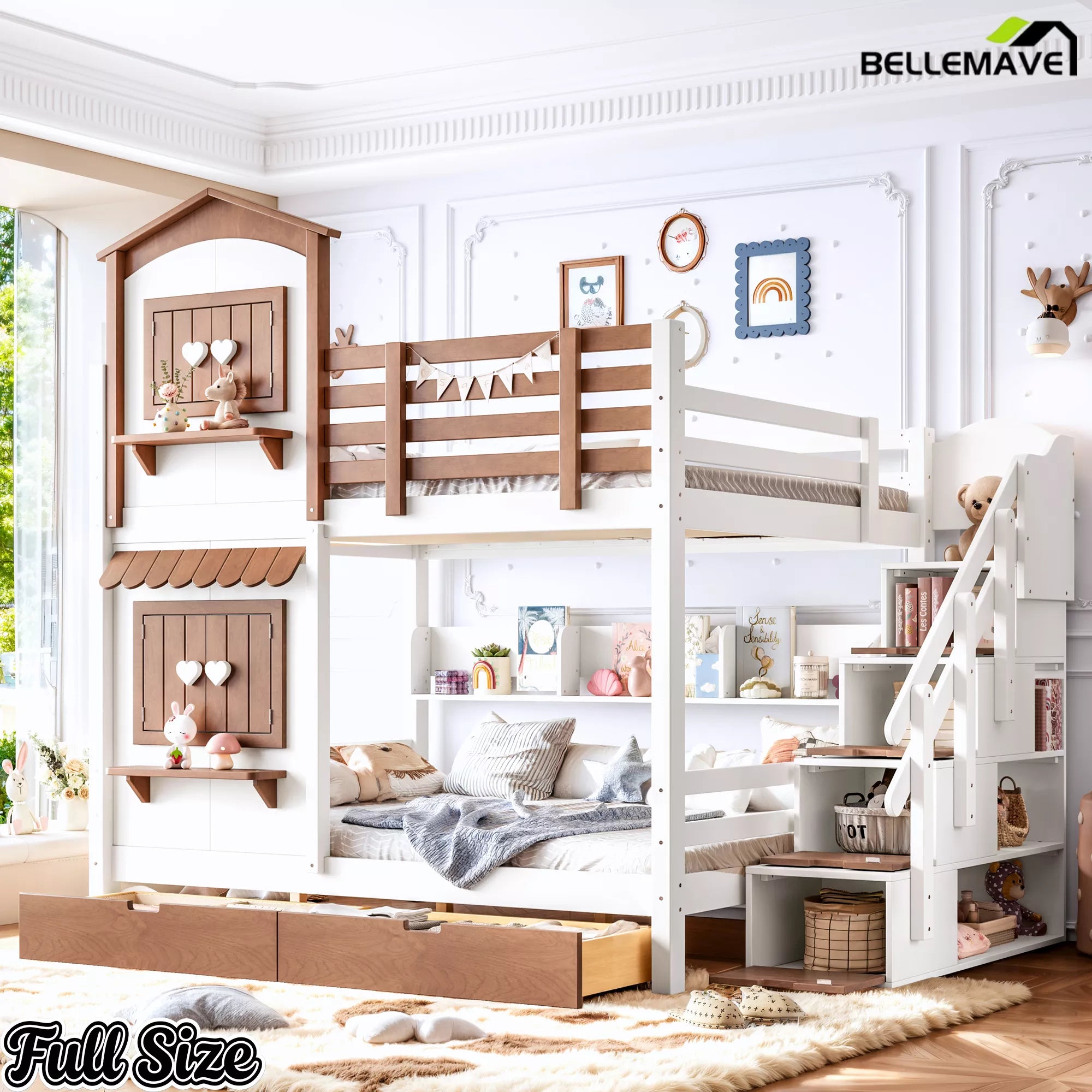 Full size house bunk bed with storage stairs and drawers