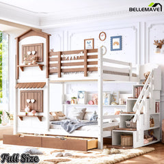 Full size house bunk bed with storage stairs and drawers