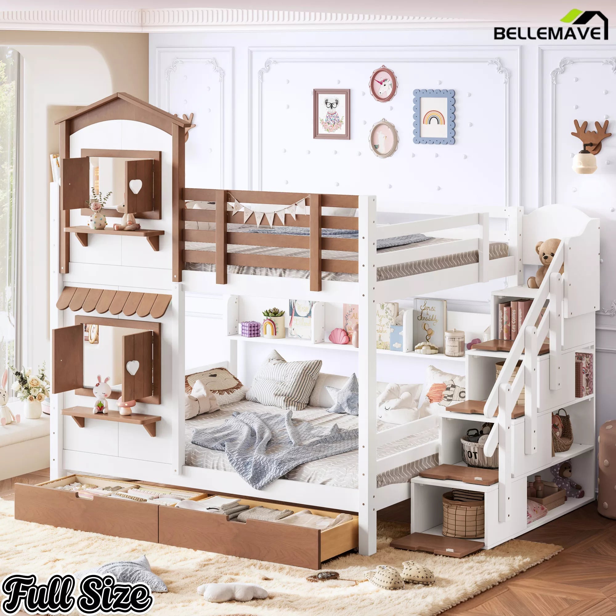 Full size playhouse bunk bed with built-in storage and shelving