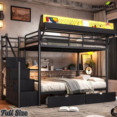 Full size black metal bunk bed with staircase cabinets and fabric drawers in a bedroom setting