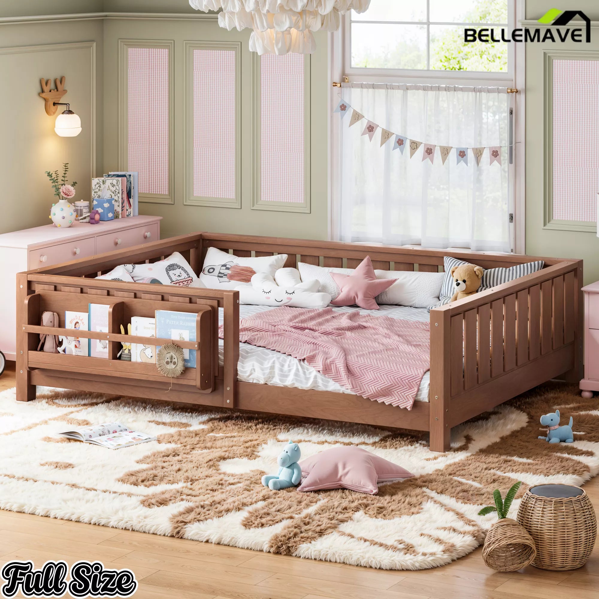 Natural wood Montessori floor bed with bedside bookshelf