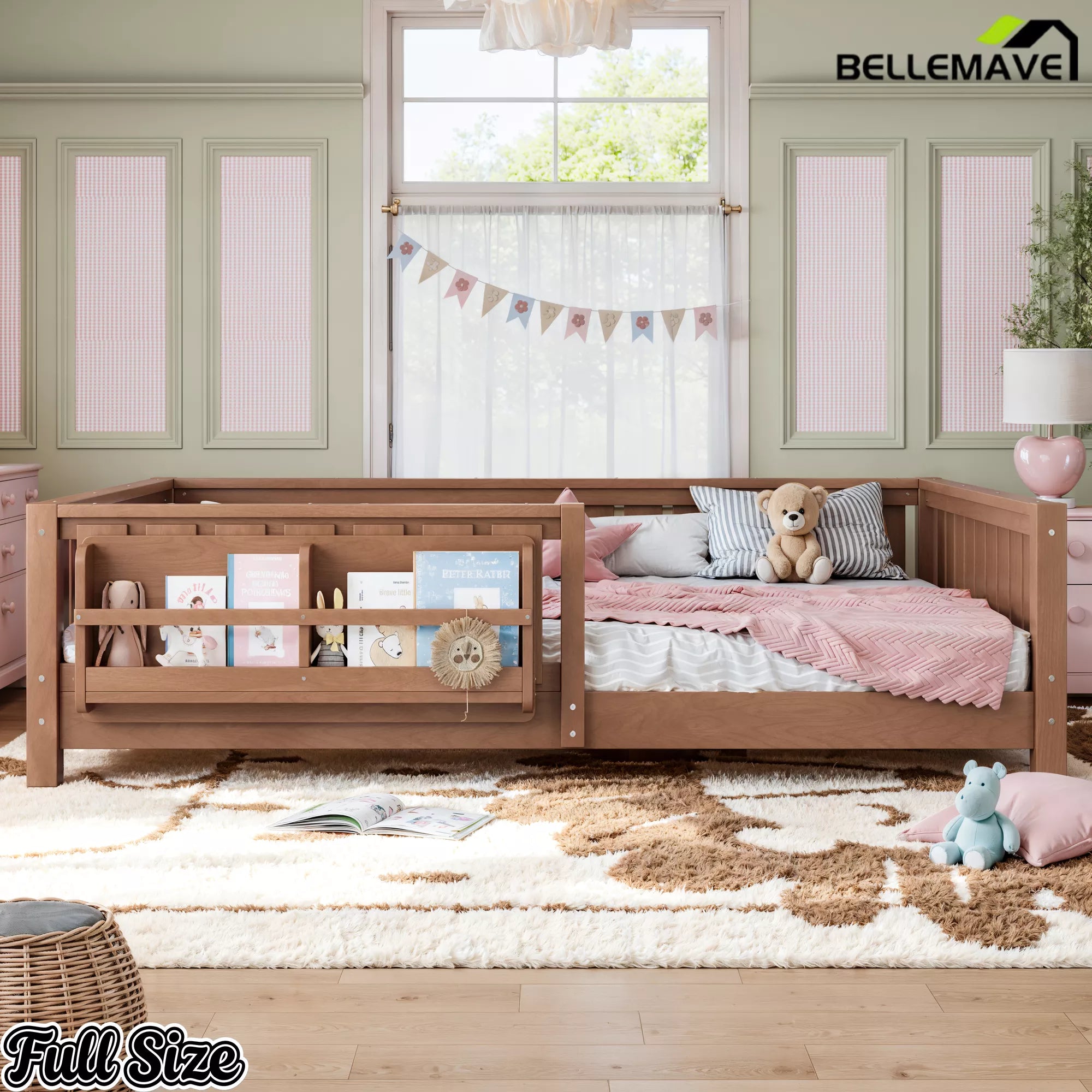 Kids wooden floor bed with safety rails and bookshelf storage area