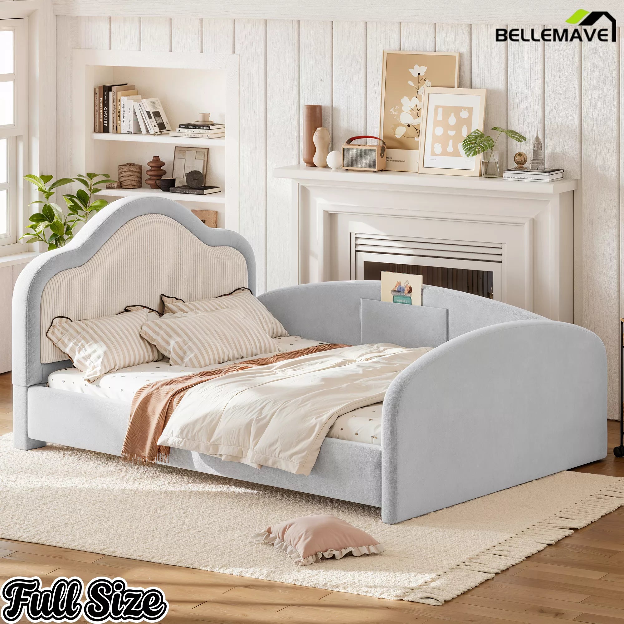 Full Size Upholstered Floor Bed with Curved Headboard Gray