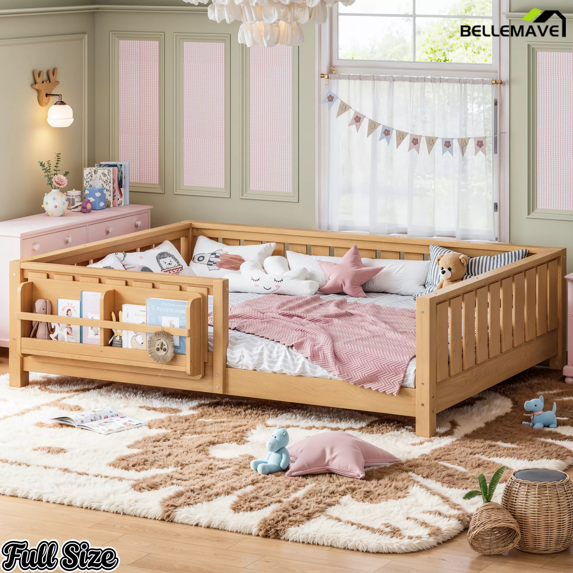 Wood tone kids floor bed with built-in bookshelf and guardrails