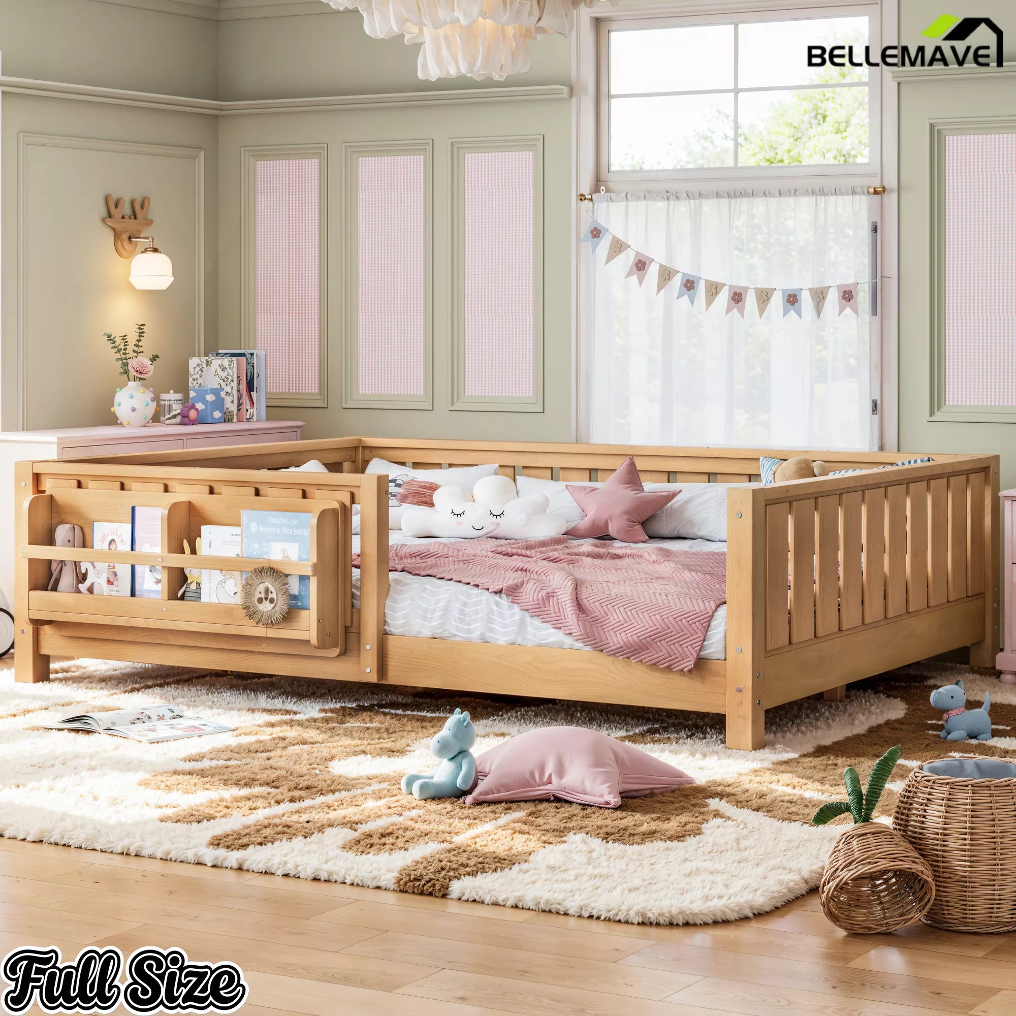 Kids floor bed with bookshelf and surrounding safety guardrails