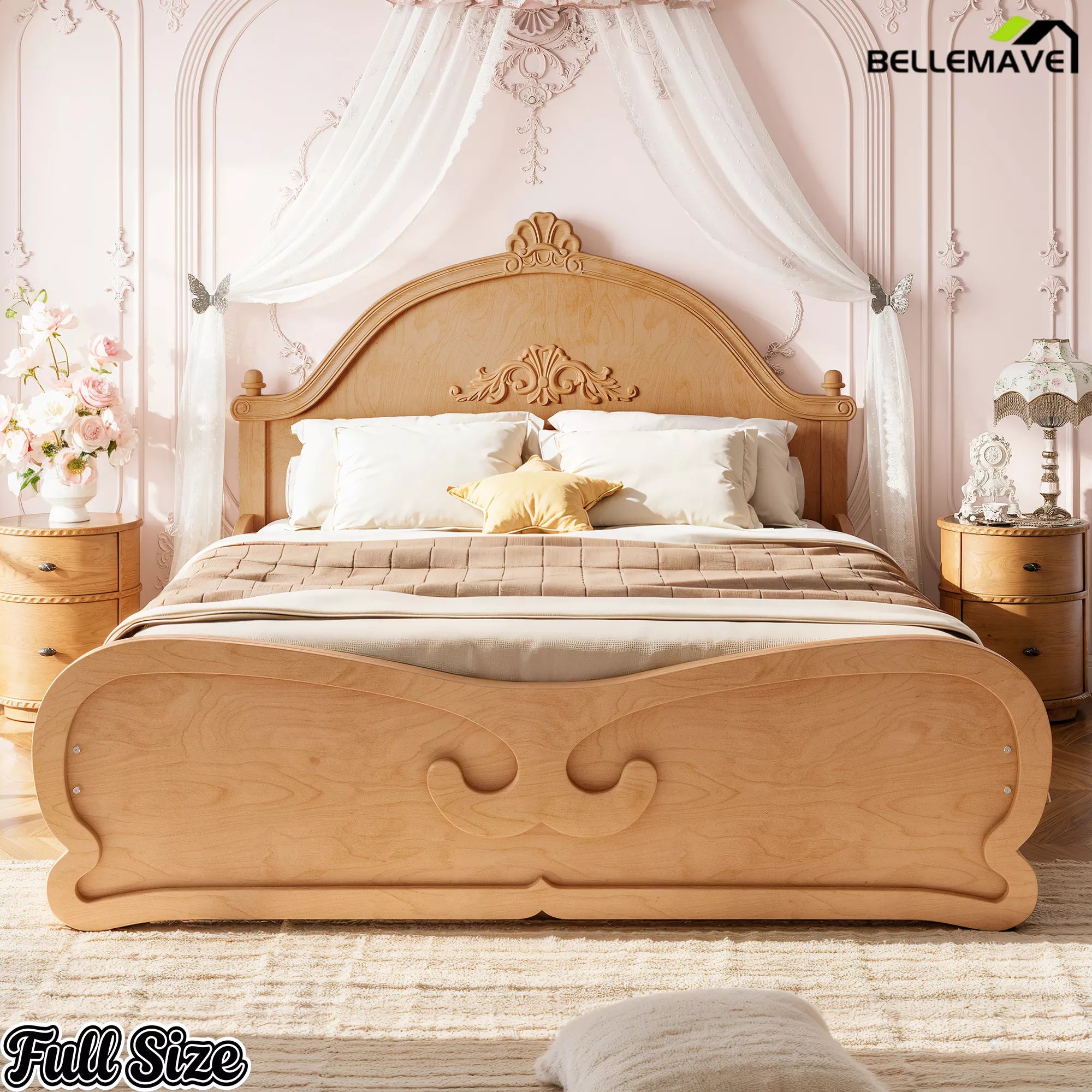 Full Size Vintage Carved Platform Bed in Natural Finish