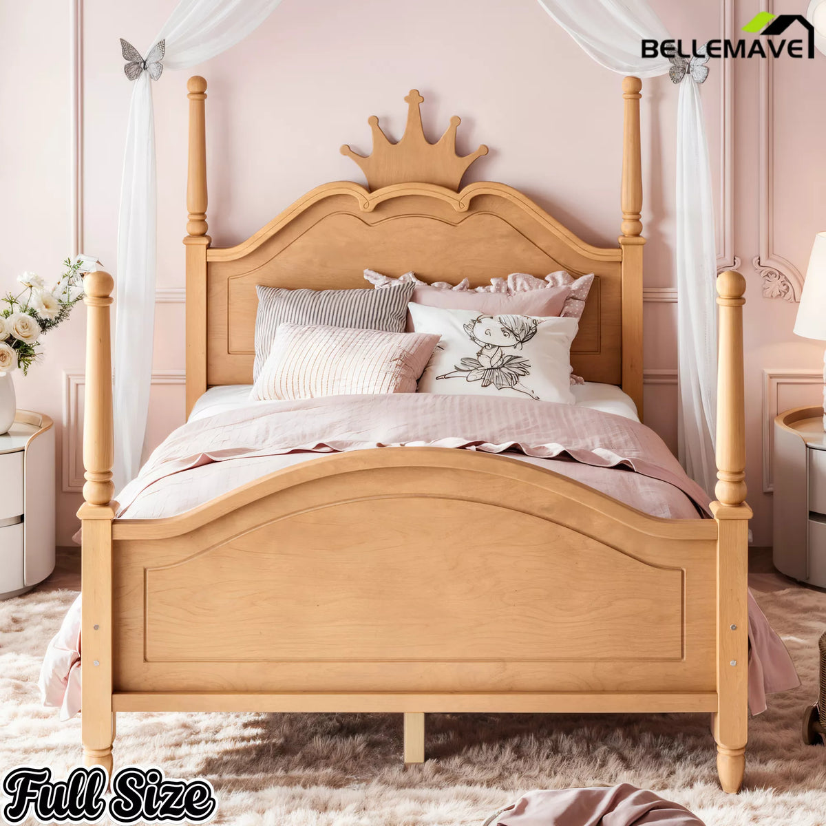 Natural wood full size platform bed with crown headboard