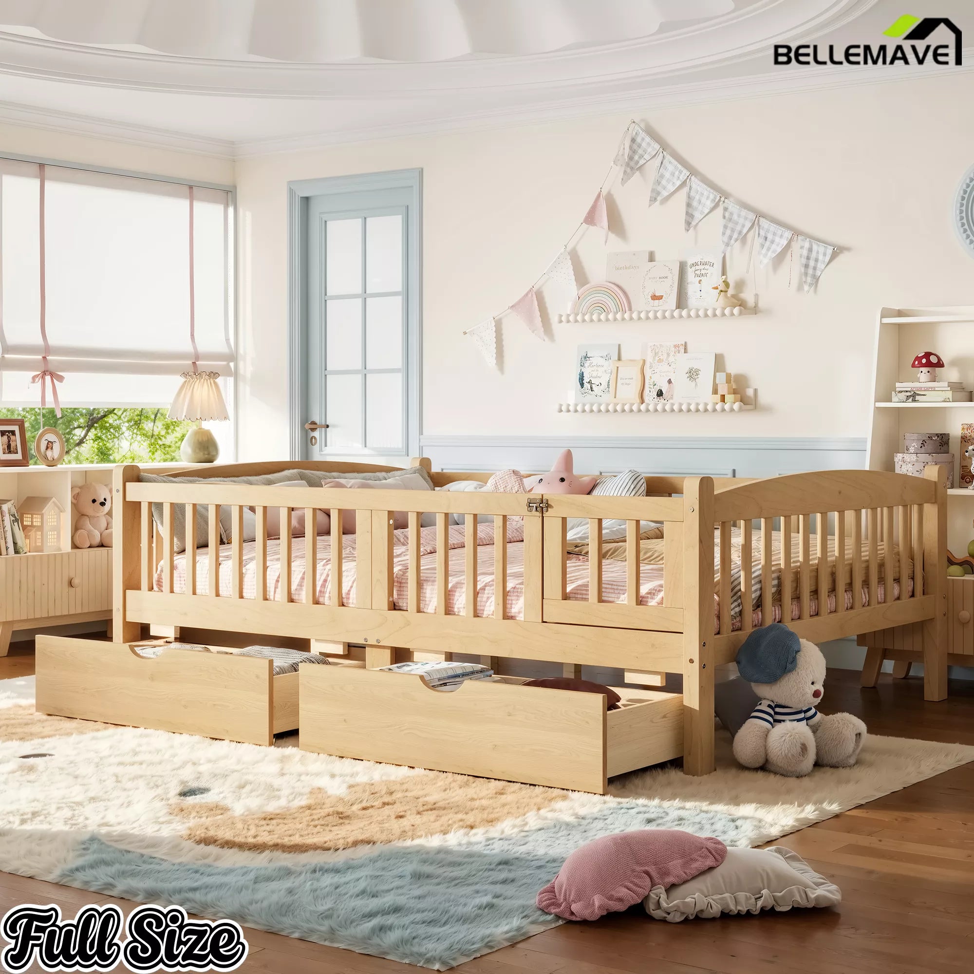 natural children's platform bed with guardrails
