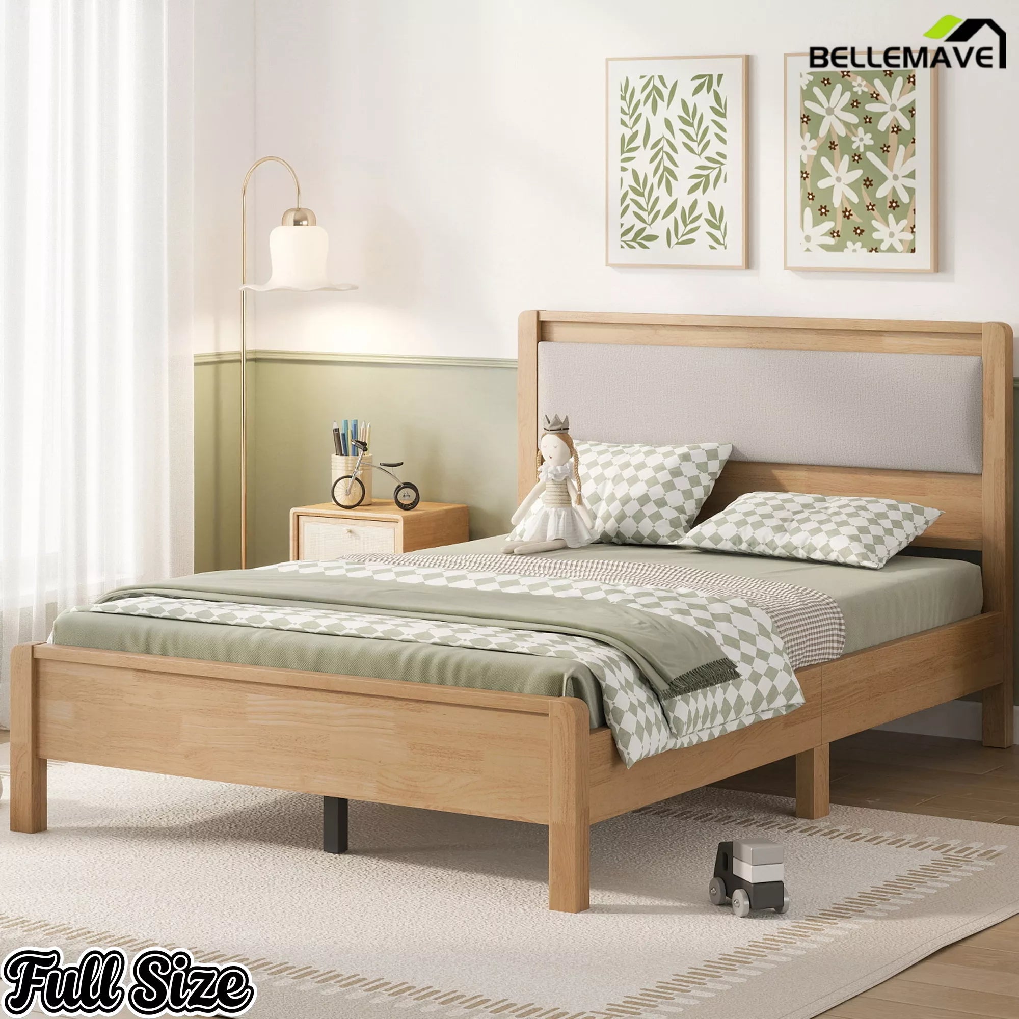 Natural wood Full bed with upholstered headboard in a bedroom setting