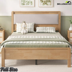 Front view of the natural wood Full bed with a light upholstered headboard