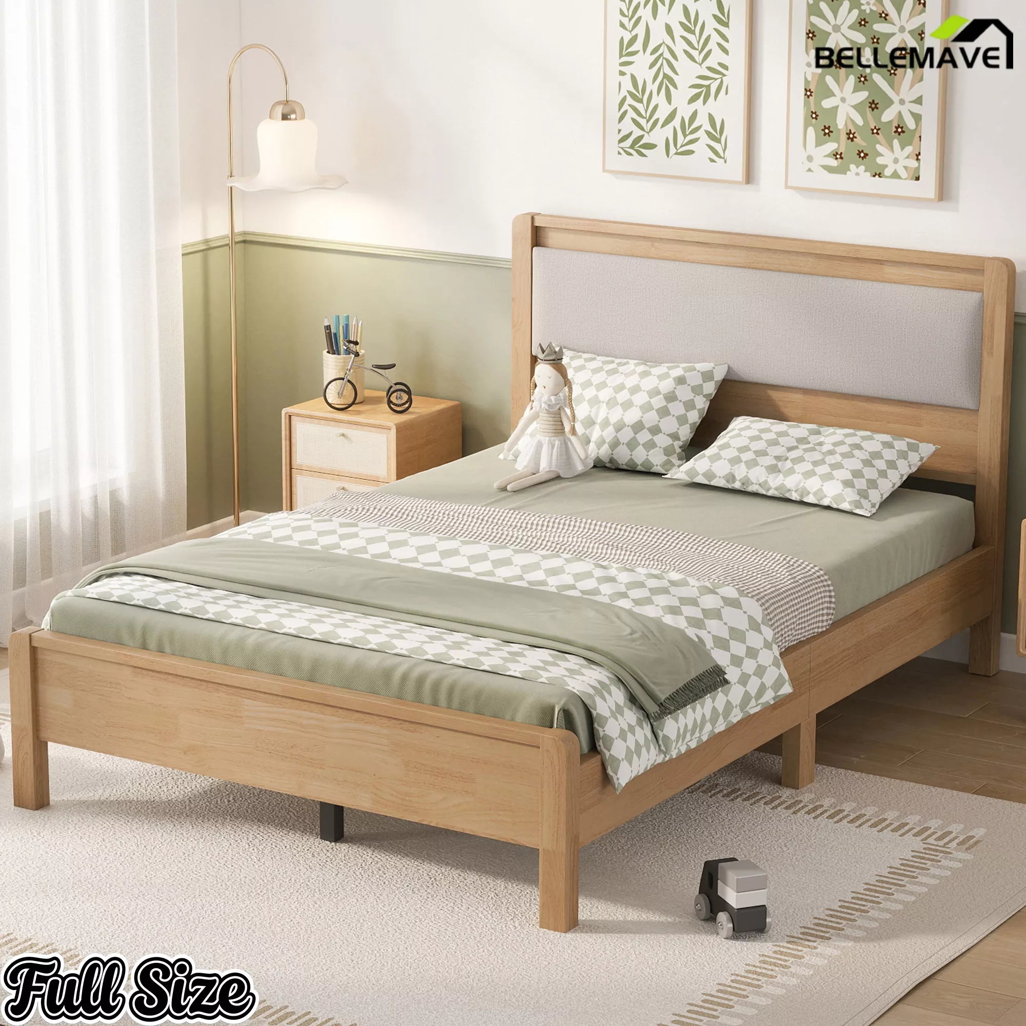 Natural finish Full bed frame with upholstered headboard and bedroom decor