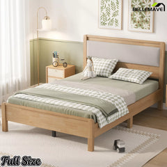 Natural finish Full bed frame with upholstered headboard and bedroom decor