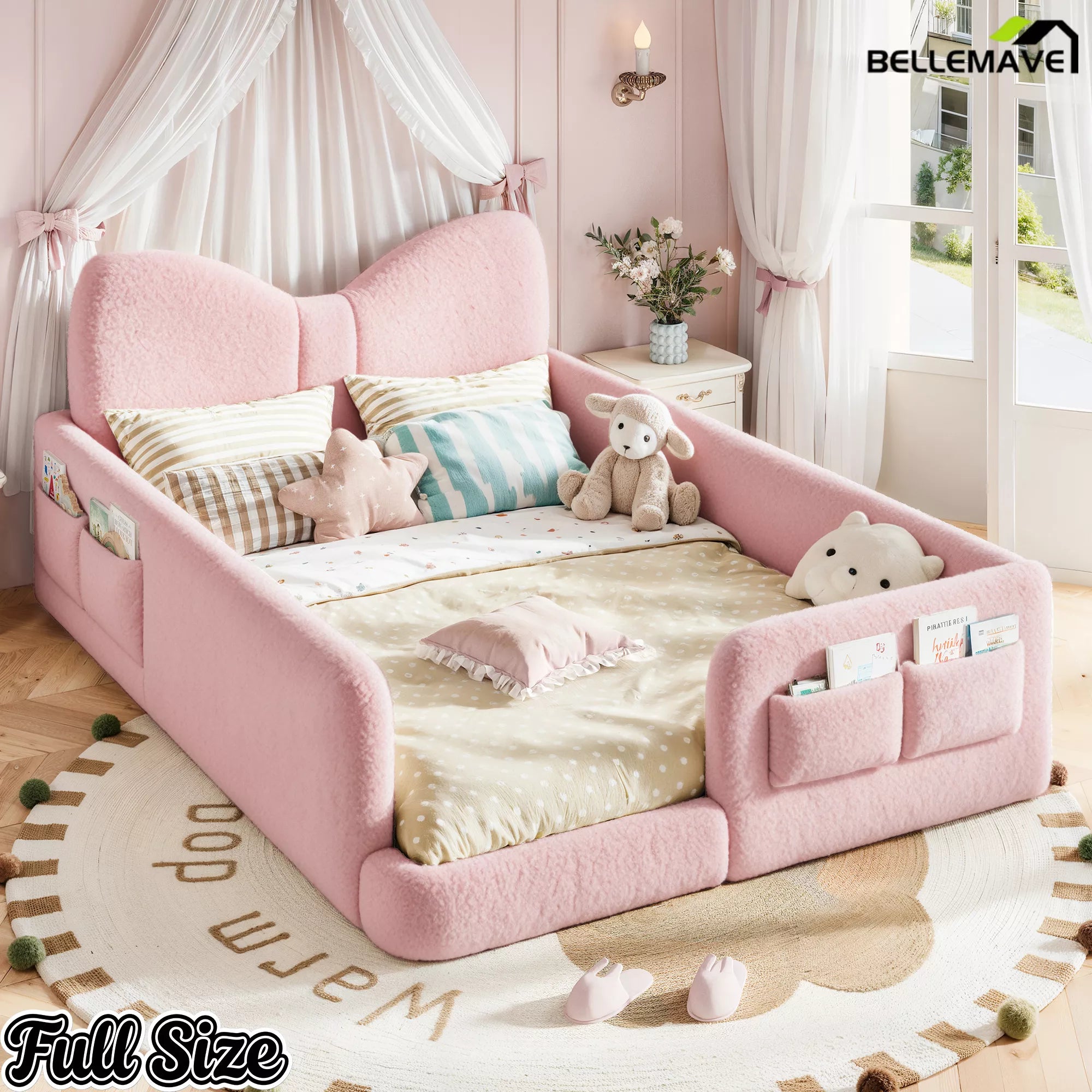 pink full size kids upholstered platform bed with bow headboard
