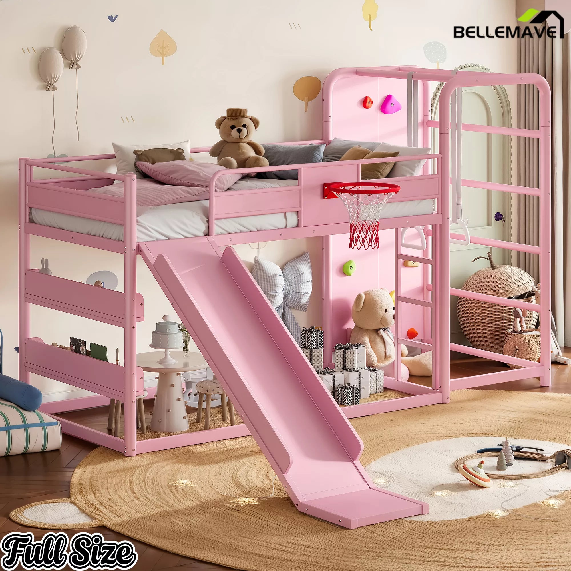 Pink full size metal loft bed with slide and climbing wall for kids bedroom
