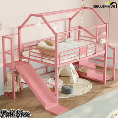 Pink full house loft bed with slide and storage shelves for kids