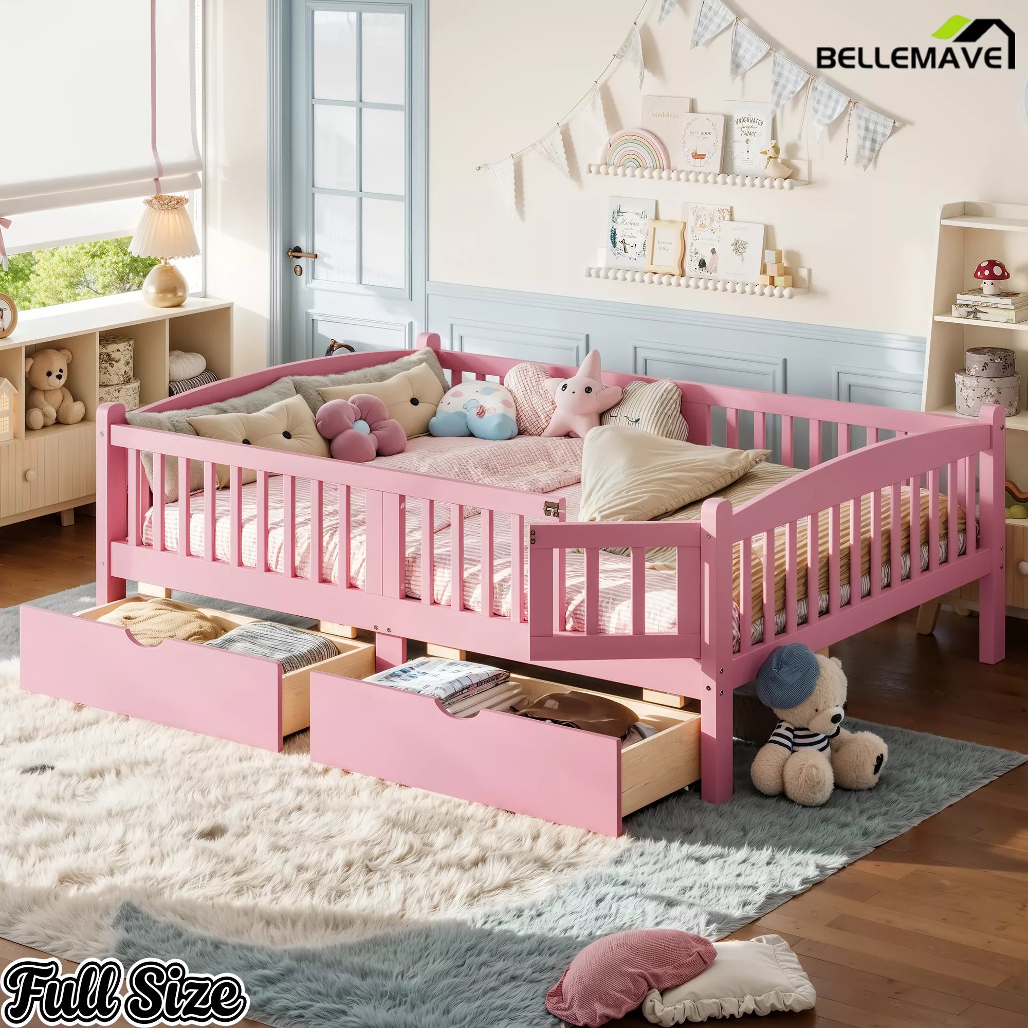pink kids platform bed with storage drawers