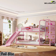 Pink kids metal loft bed with basketball hoop and slide play features