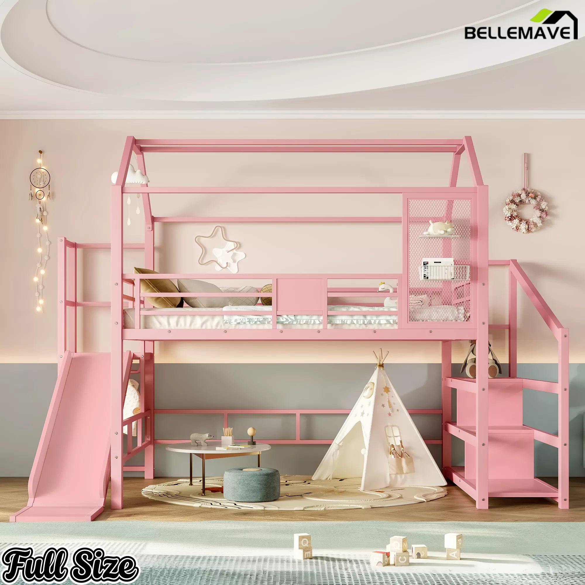 Pink kids loft bed with house shaped roof and playhouse design