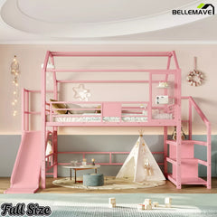 Pink kids loft bed with house shaped roof and playhouse design
