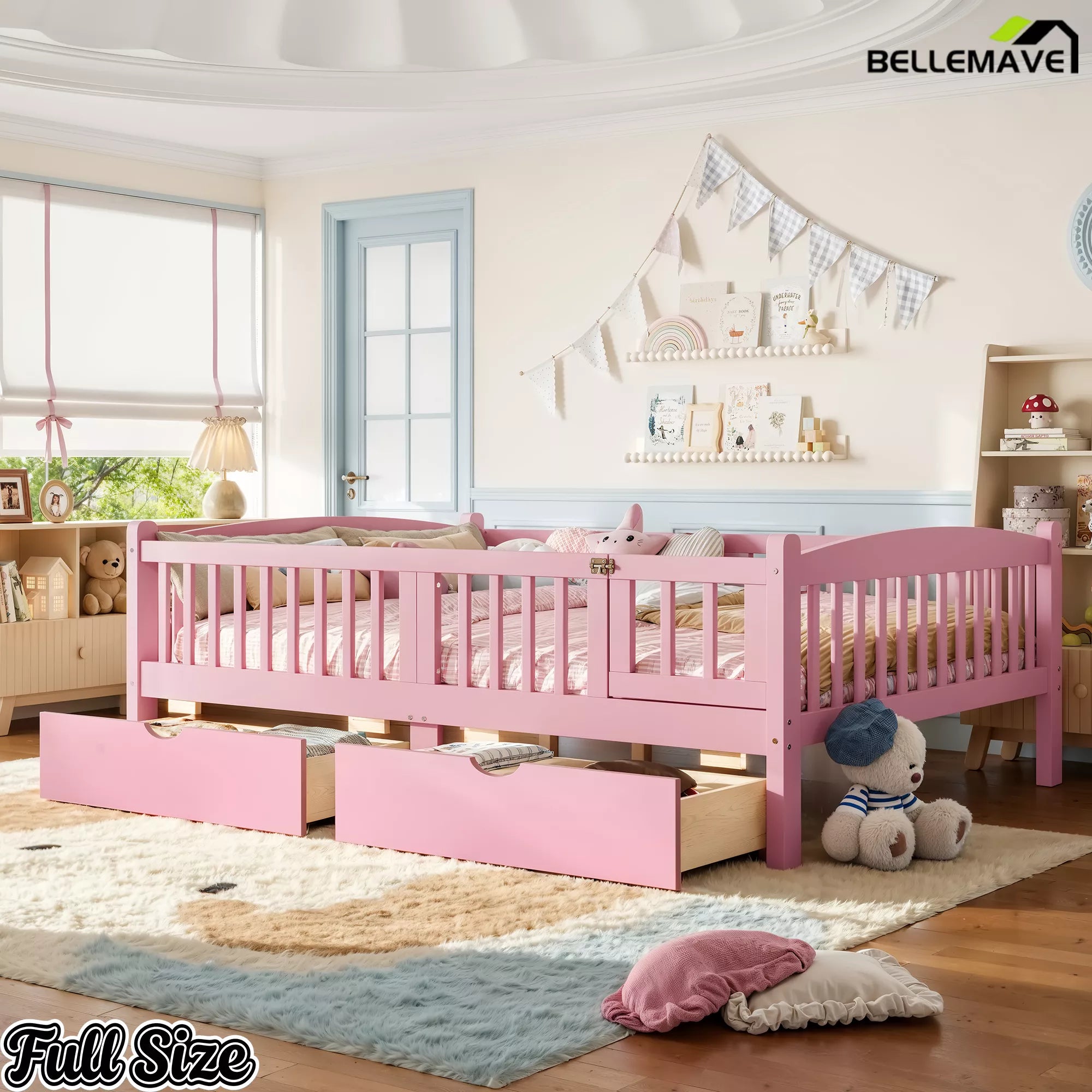 pink children's platform bed with guardrails