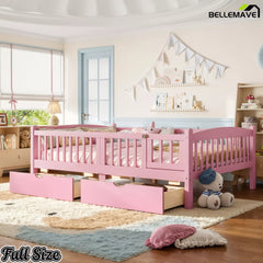 pink children's platform bed with guardrails