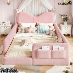 pink upholstered kids platform bed with side storage pockets