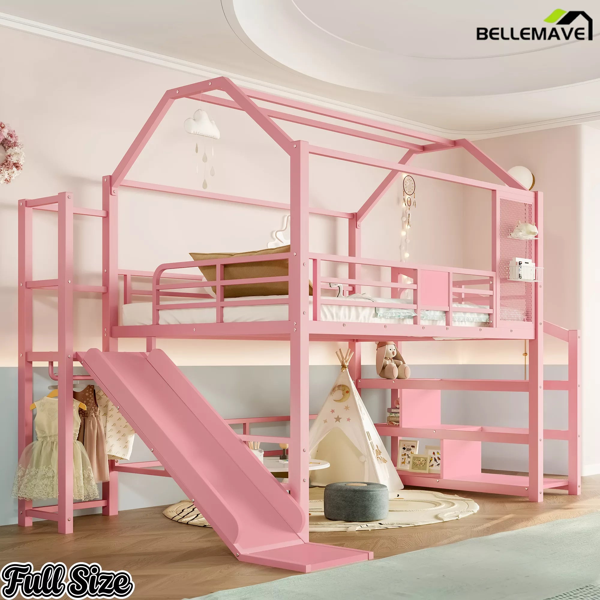 Pink metal house loft bed with slide for children's bedroom