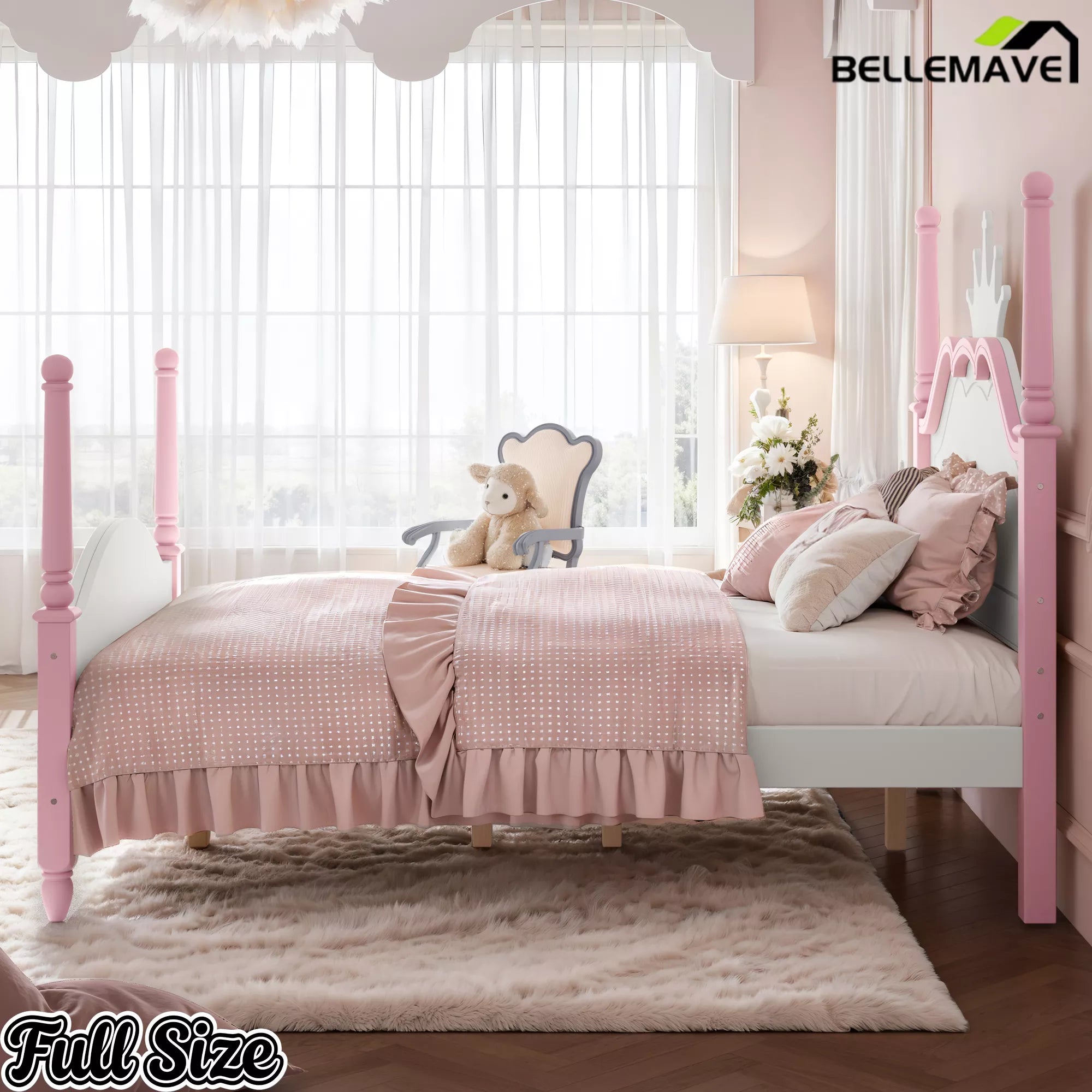 Pink full size bed frame with crown headboard