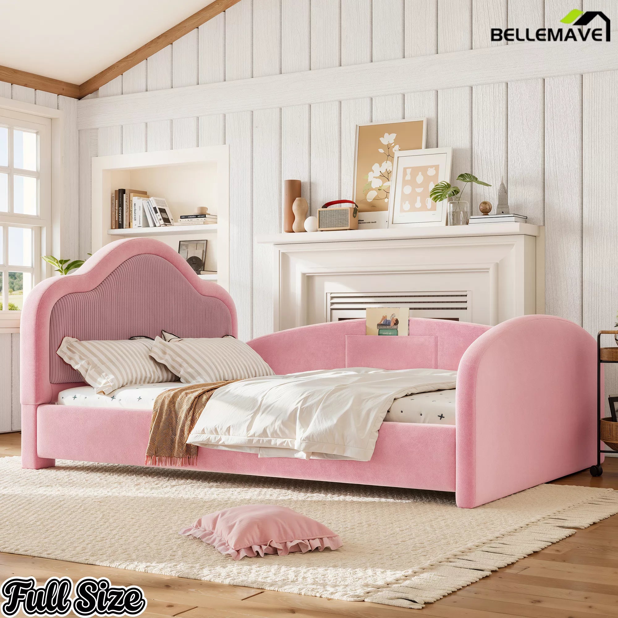 Pink Curved Headboard Kids Floor Bed Full Size