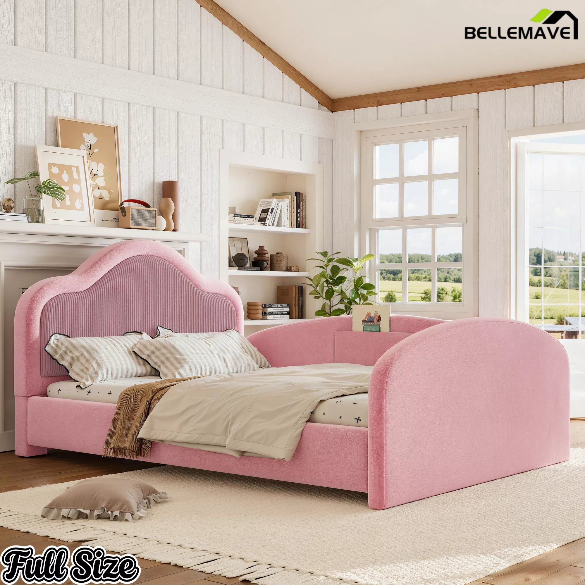Full Size Upholstered Kids Bed with Safety Rails