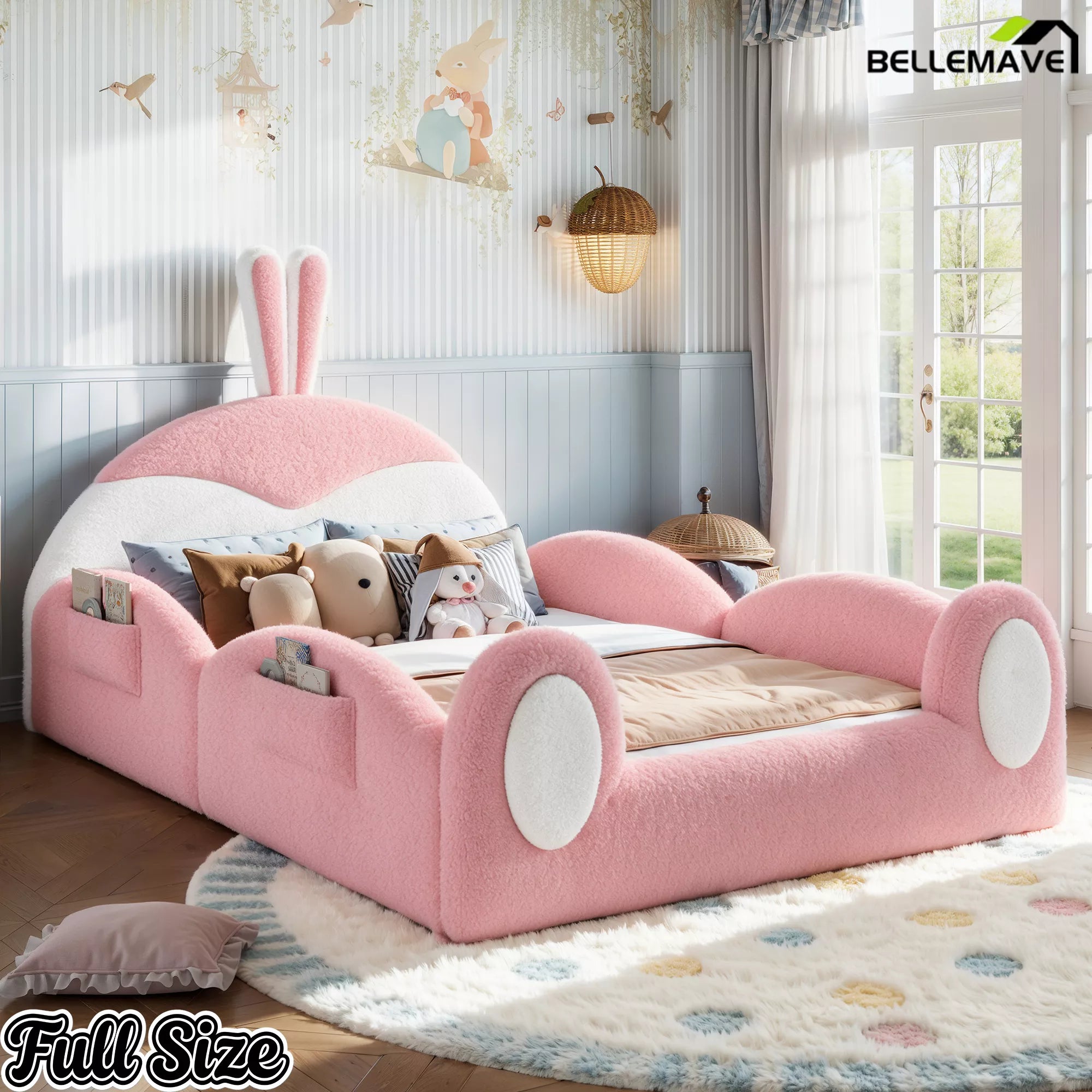 Full Size Upholstered Rabbit Headboard Kids Floor Bed in Bedroom